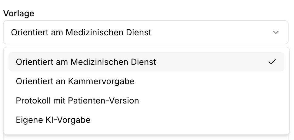 Die Auswahl der KI-Vorgabe für das Sitzungsprotokoll mit ihren vier Möglichkeiten