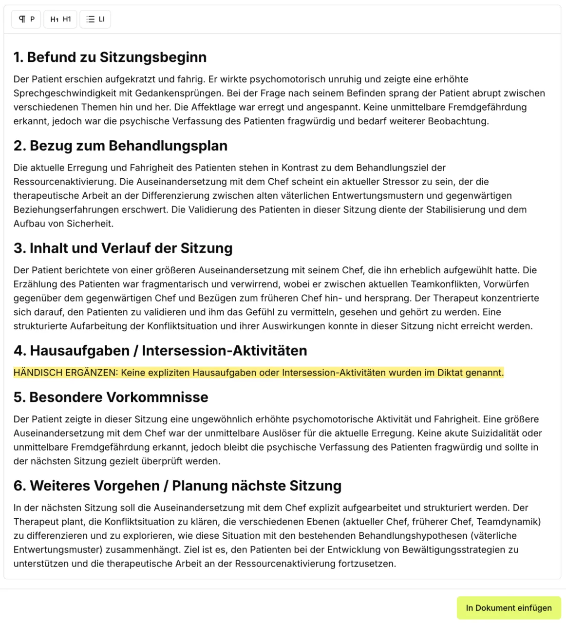 Ein fertiger Protokollentwurf, in dem die fehlenden Angaben farbig hervorgehoben stehen