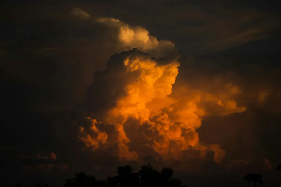 Eine hoch aufgetürmte Gewitterwolke im letzten Abendlicht, innen orange leuchtend, ringsum fast schwarzer Himmel; unten die Silhouette von Baumkronen