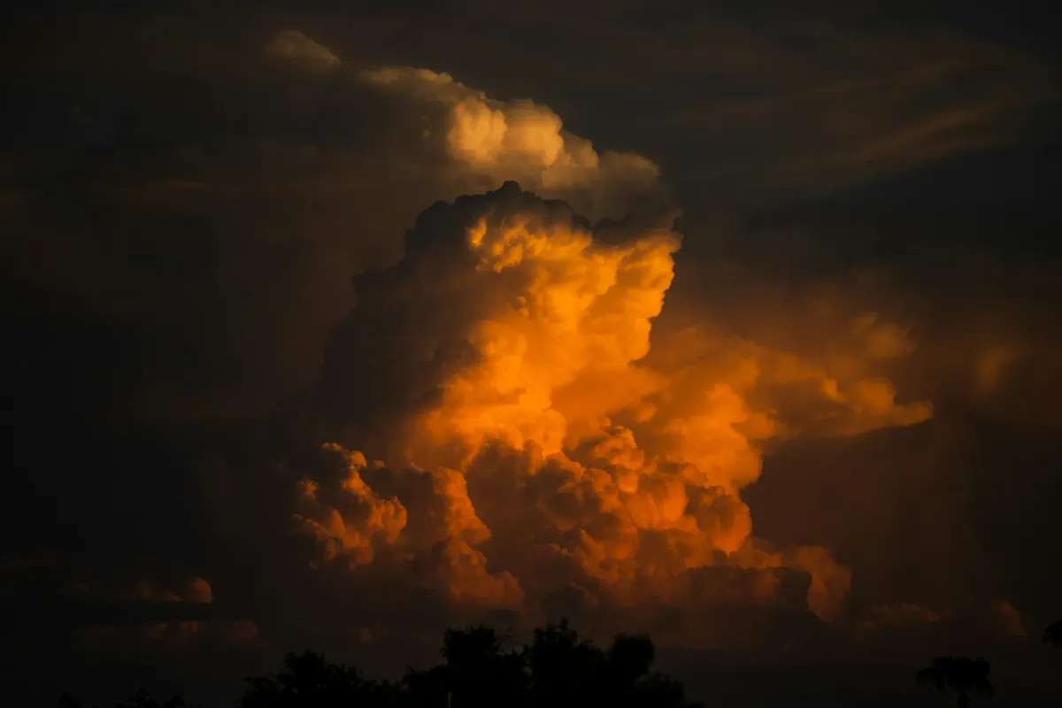Eine hoch aufgetürmte Gewitterwolke im letzten Abendlicht, innen orange leuchtend, ringsum fast schwarzer Himmel; unten die Silhouette von Baumkronen